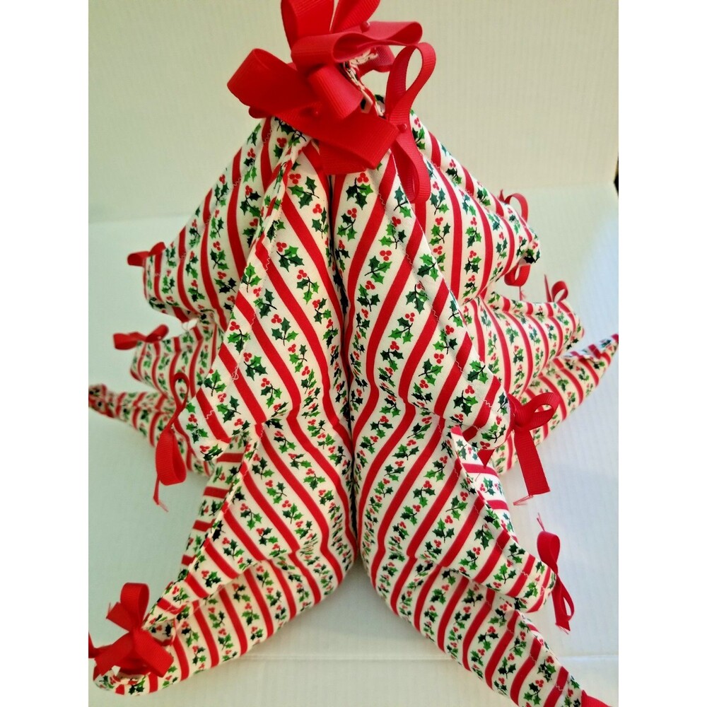Vintage Holiday Christmas Tree Fabric Stuffed Holly Berry Red Bows Handcrafted